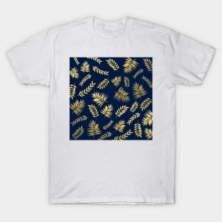 Abstract Leaves Pattern In Gold Foil Texture and Royal Blue Background T-Shirt